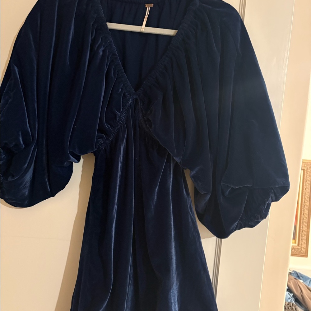 Free People Portia Blue Velvet Mini Dress Midnight Rain Navy Blue size XS